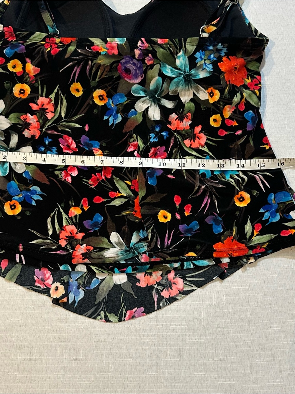Aqua Green Floral Tankini Swim Top Medium Black Tropical Ruffle Built-In Cups - Picture 12 of 16